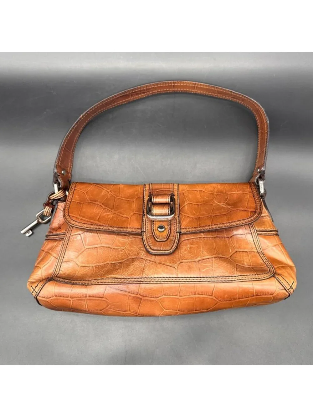 Fossil Croc Embossed Leather Purse Shoulder Bag Buckle Accent Brown Y2K READ